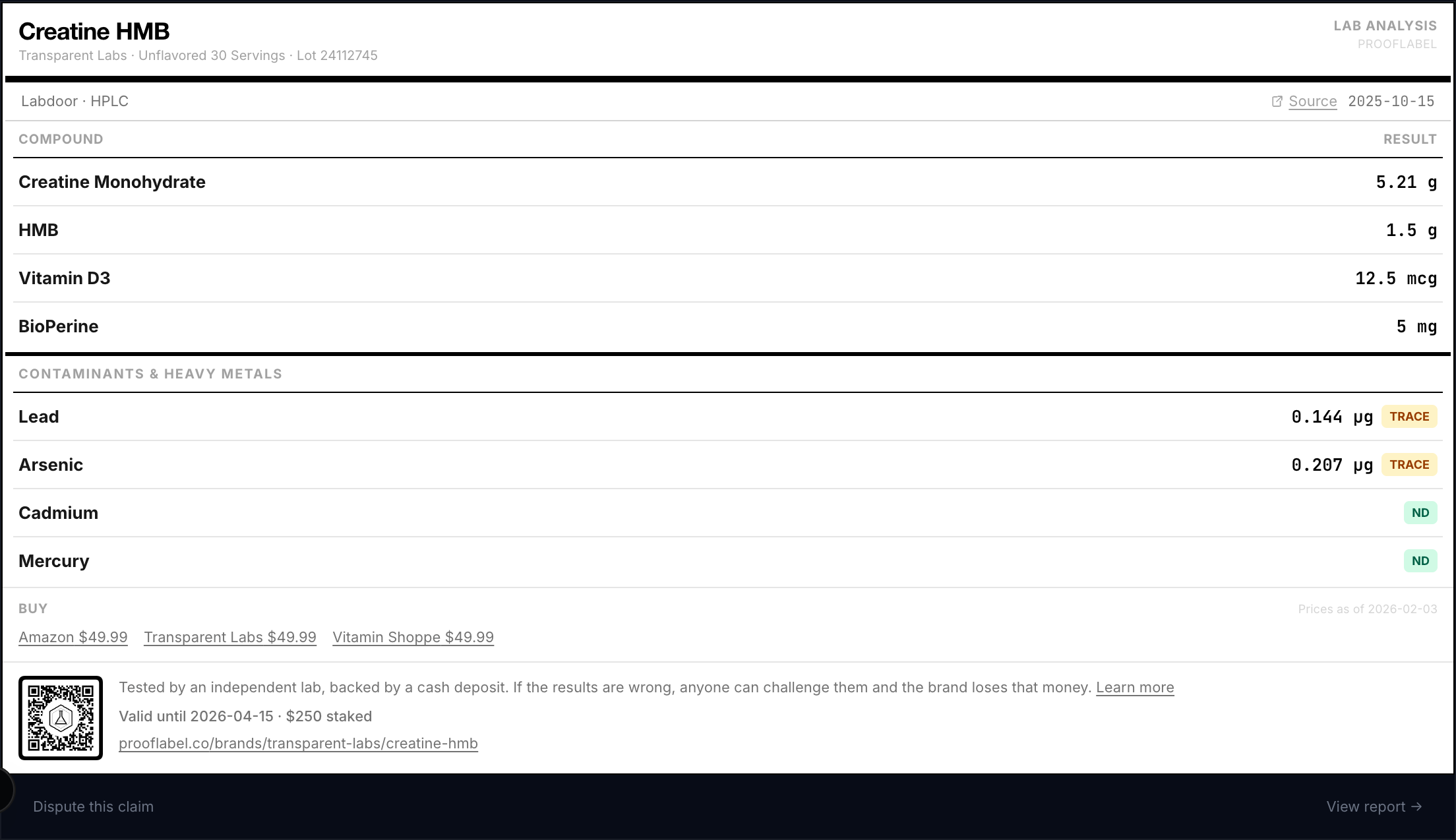 Claim card showing compound names, amounts, and contaminant levels